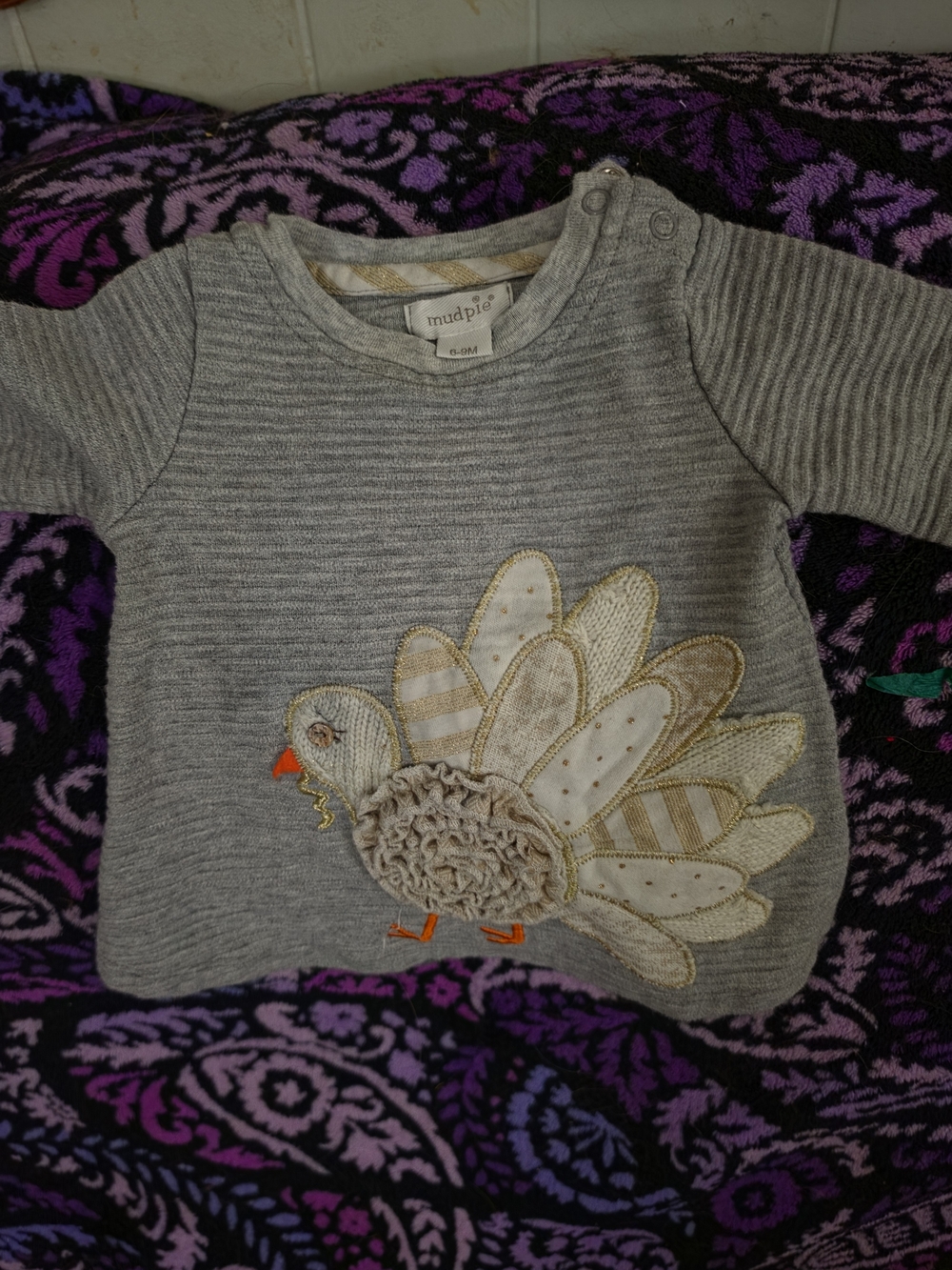 Mud Pie Gray Long-Sleeve Top with Turkey Appliqué